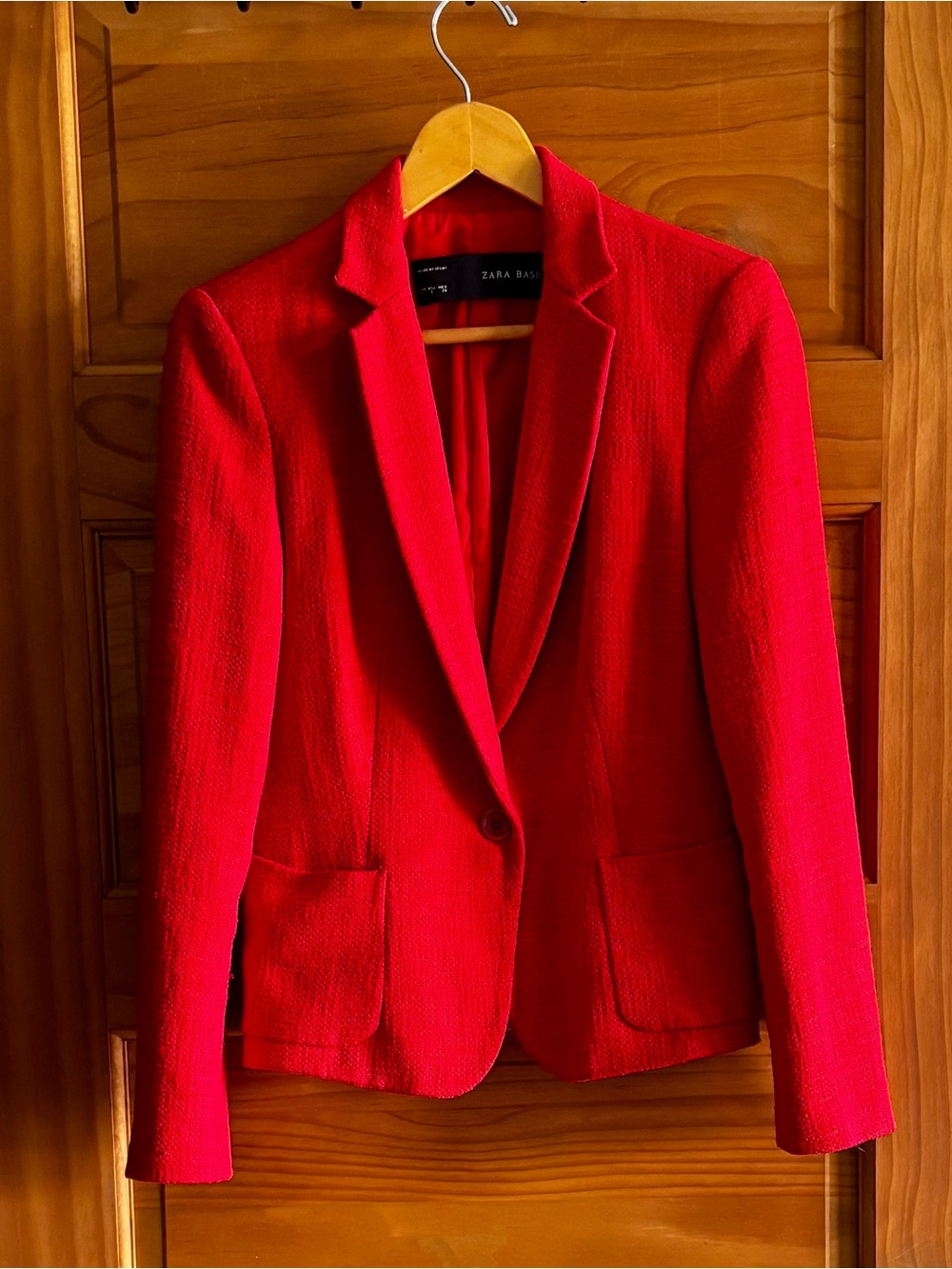 Zara Bright Poppy Red Textured Single-Button Blazer